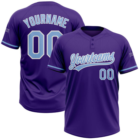 Custom Purple Light Blue-White Two-Button Unisex Softball Jersey - Main View