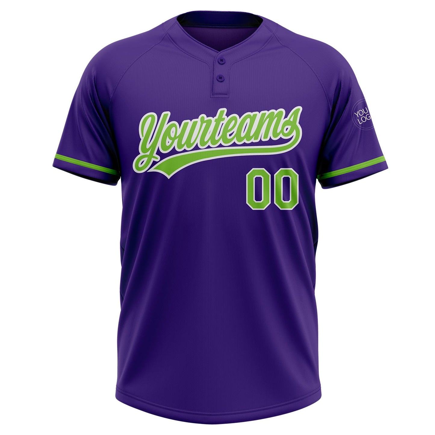 Custom Purple Neon Green-White Two-Button Unisex Softball Jersey view 2