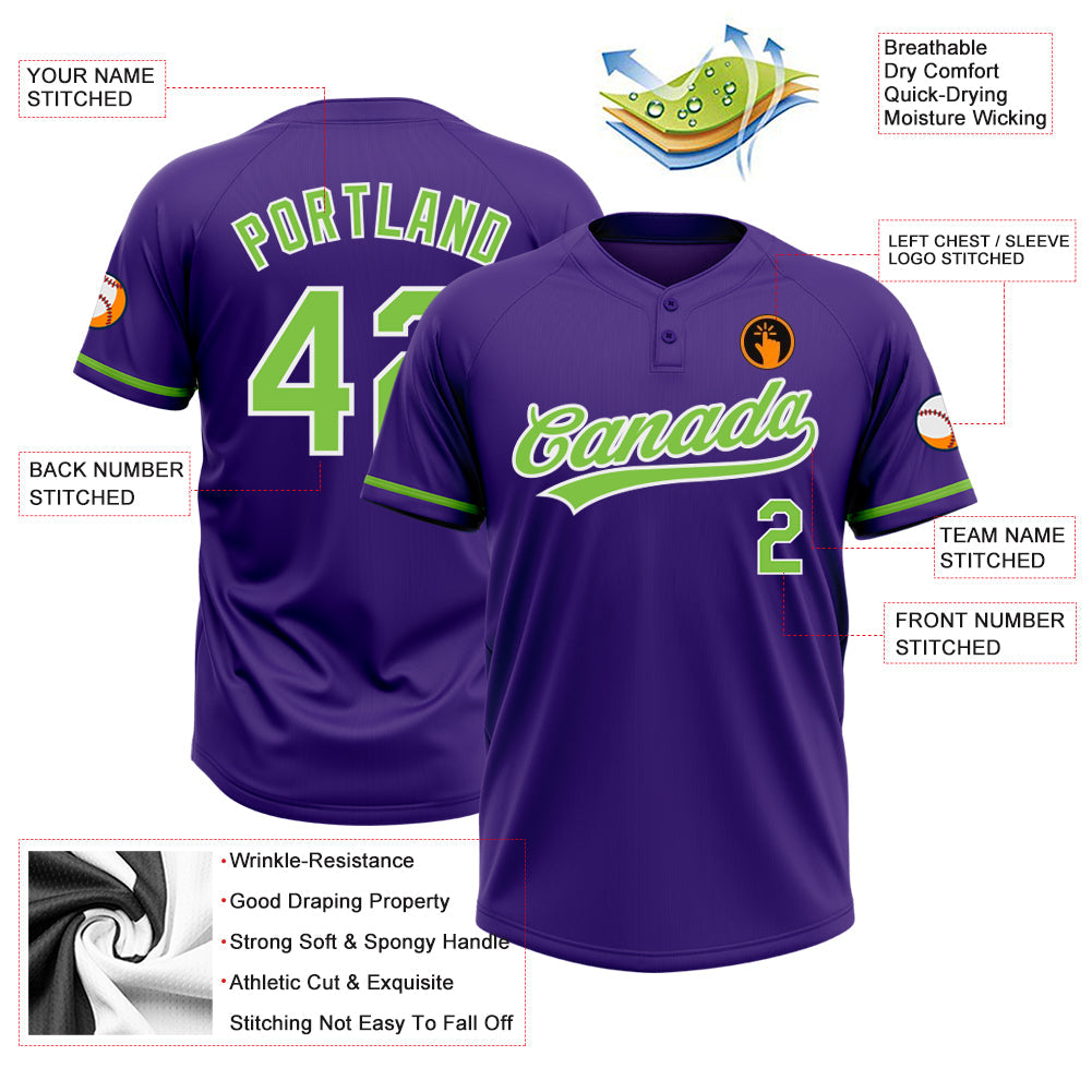 Custom Purple Neon Green-White Two-Button Unisex Softball Jersey view 3