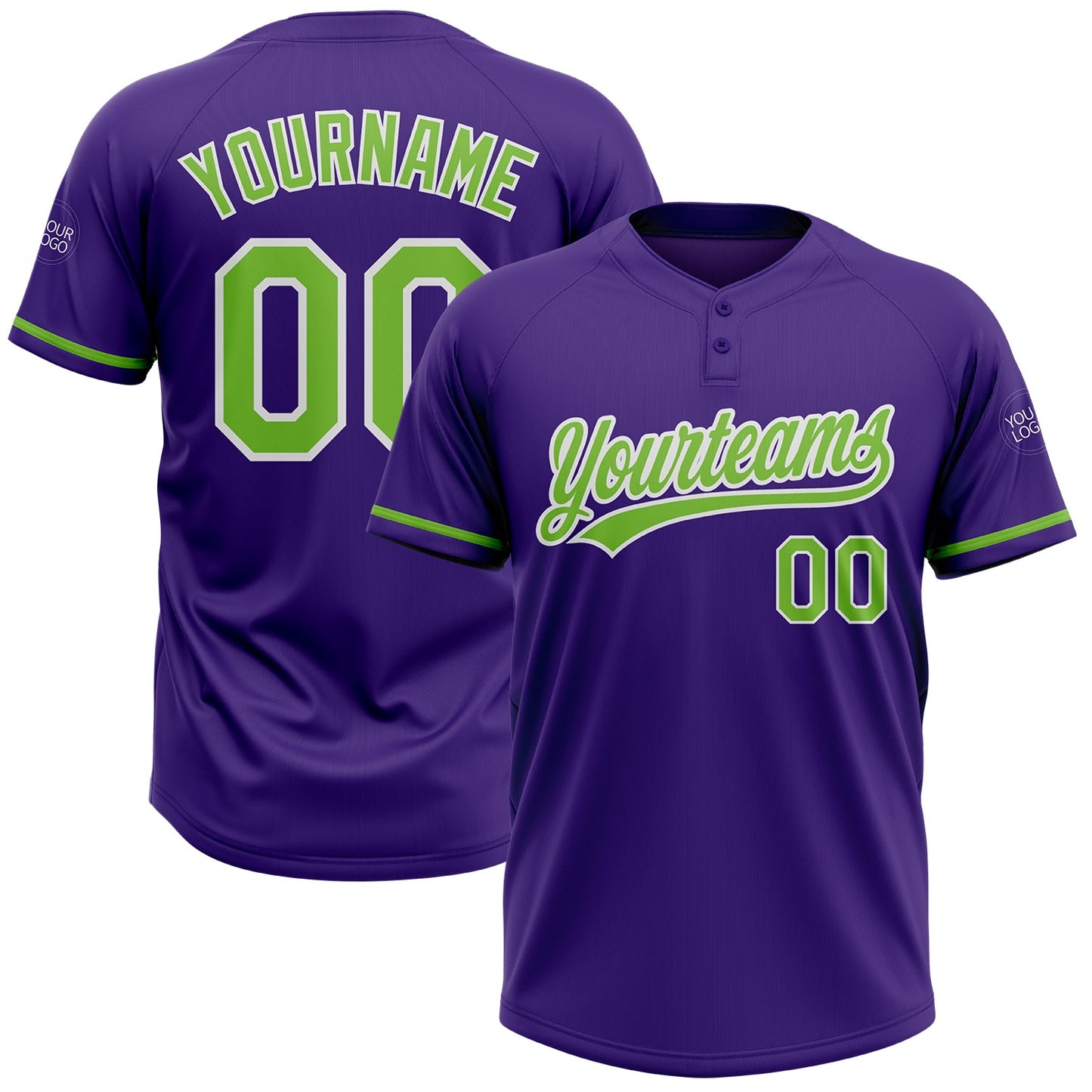 Custom Purple Neon Green-White Two-Button Unisex Softball Jersey - Main View