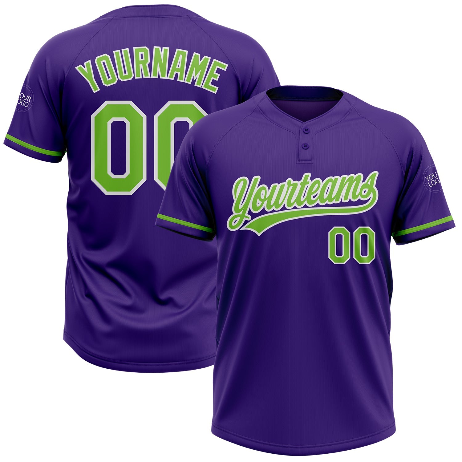 Custom Purple Neon Green-White Two-Button Unisex Softball Jersey - Main View