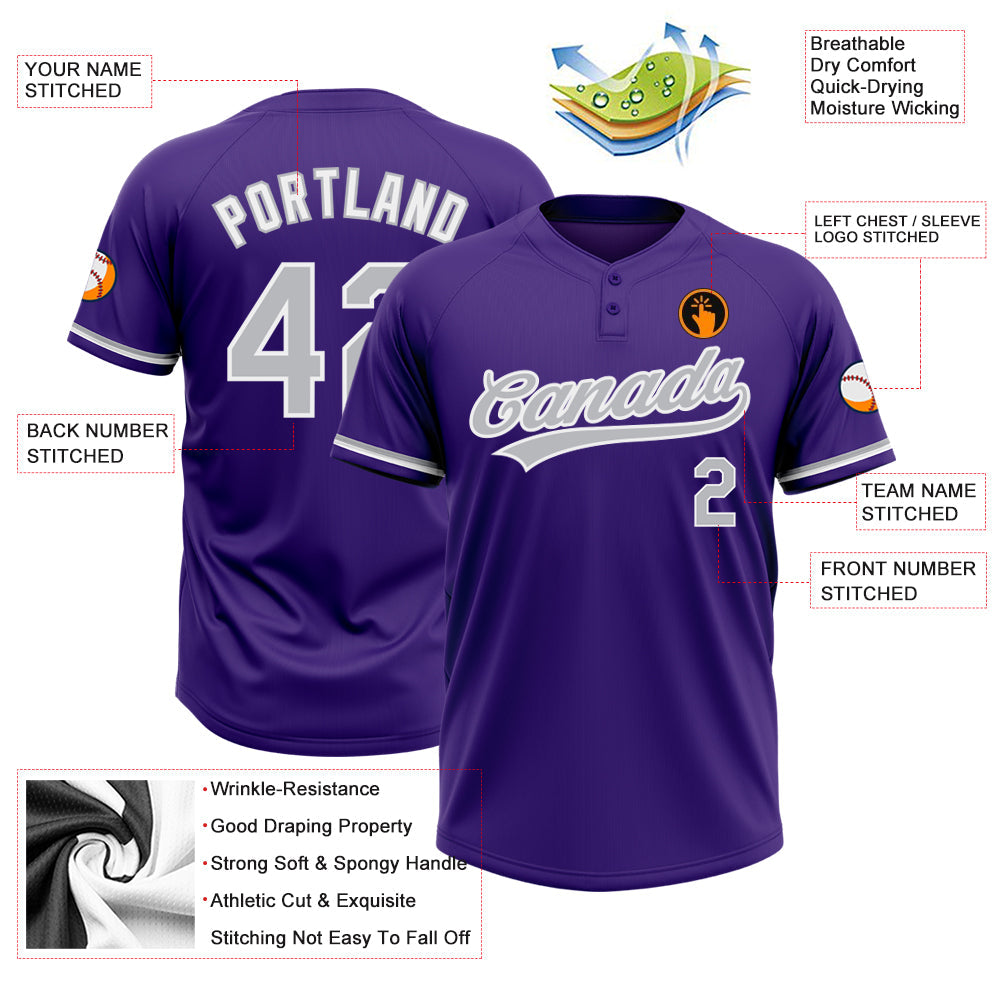 Custom Purple Gray-White Two-Button Unisex Softball Jersey view 3