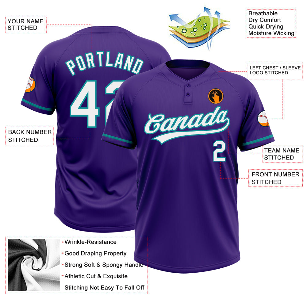 Custom Purple White-Teal Two-Button Unisex Softball Jersey view 3