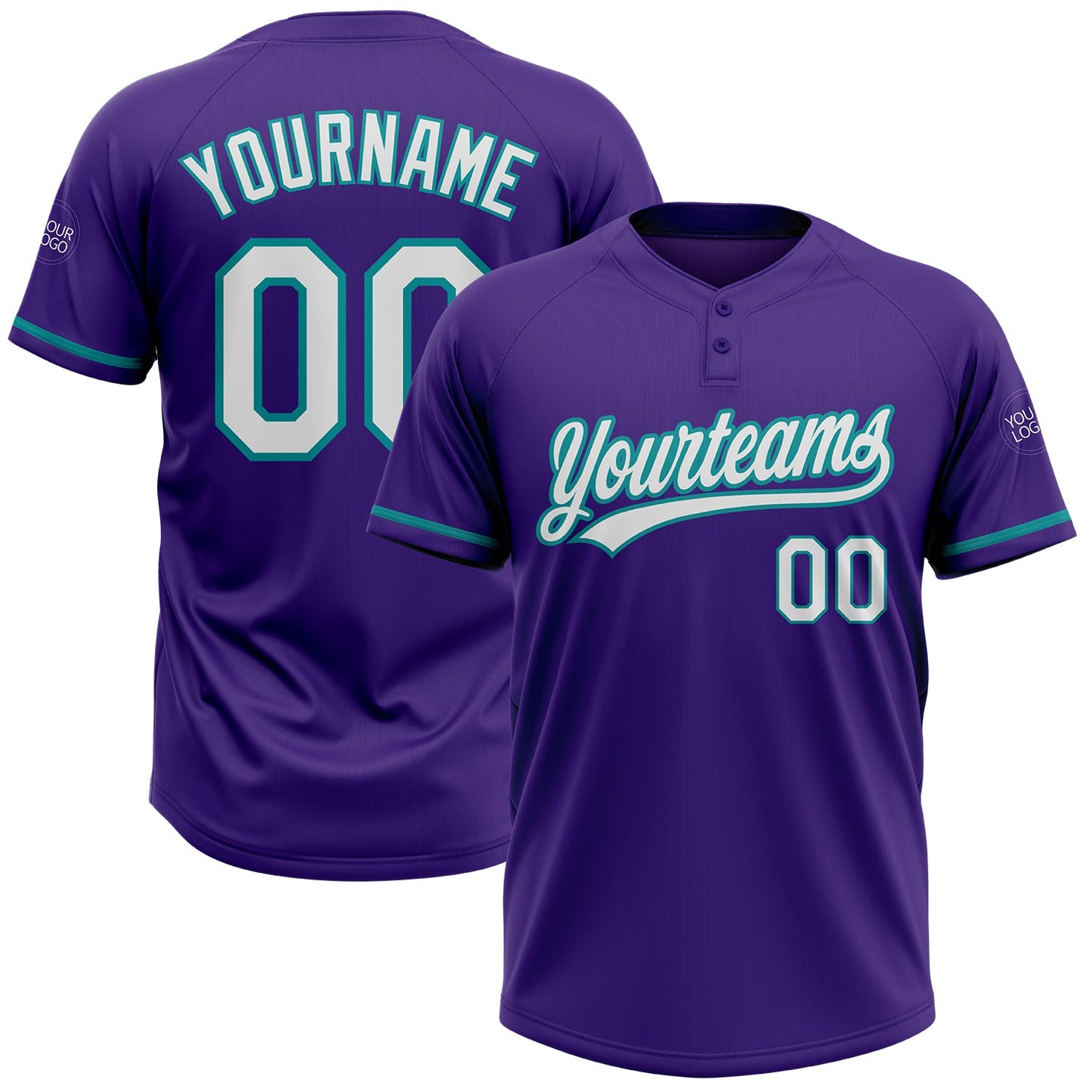 Custom Purple White-Teal Two-Button Unisex Softball Jersey - Main View