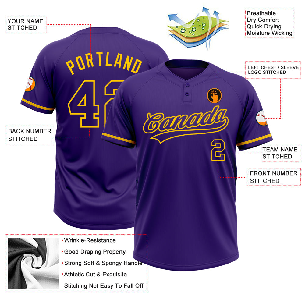 Custom Purple Purple-Yellow Two-Button Unisex Softball Jersey view 3