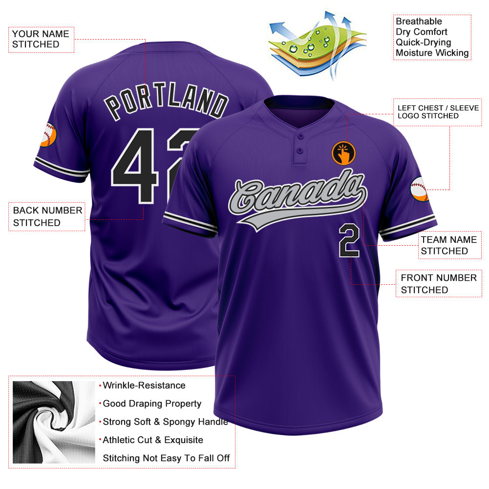 Custom Purple Black-White Two-Button Unisex Softball Jersey view 3