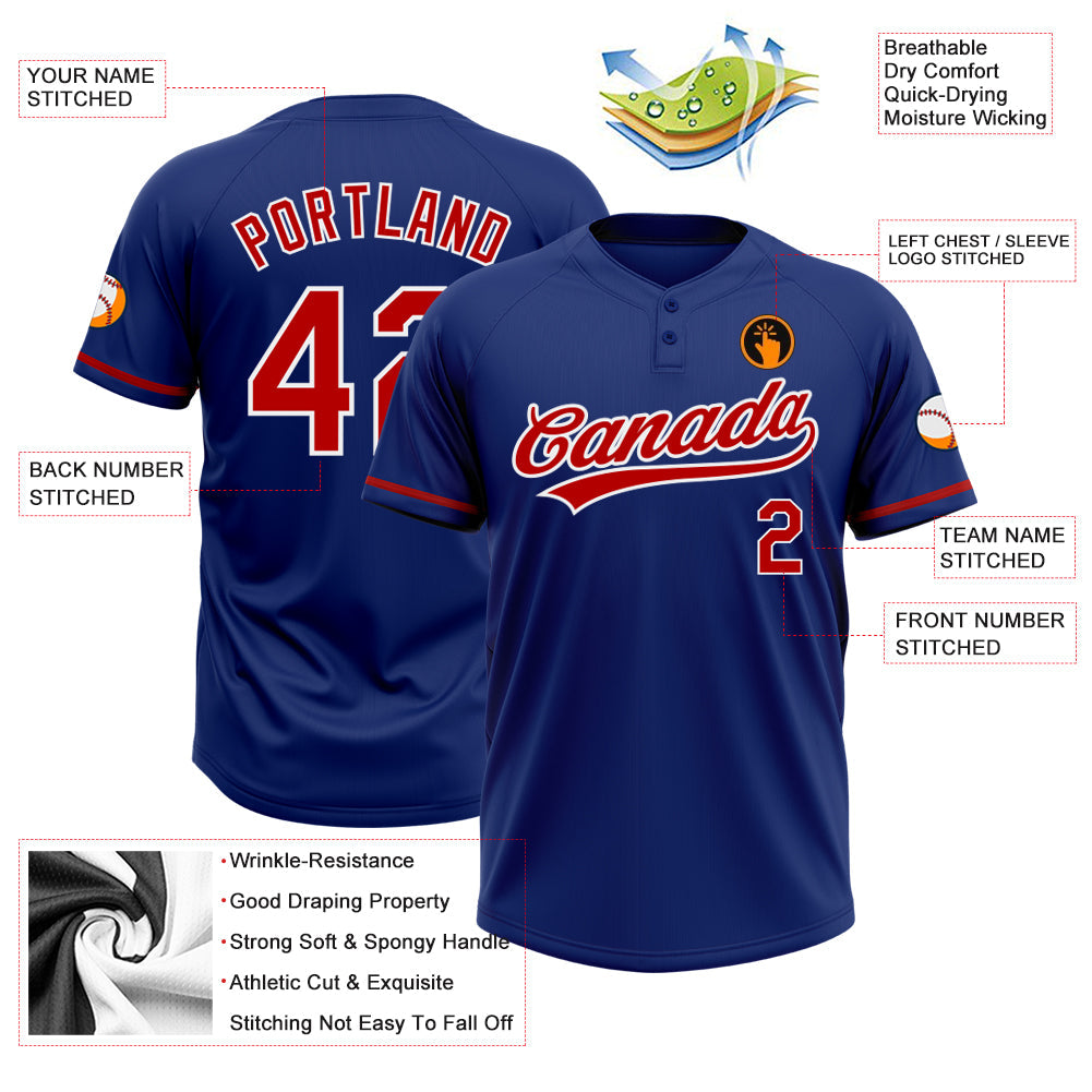 Custom Royal Red-White Two-Button Unisex Softball Jersey view 4