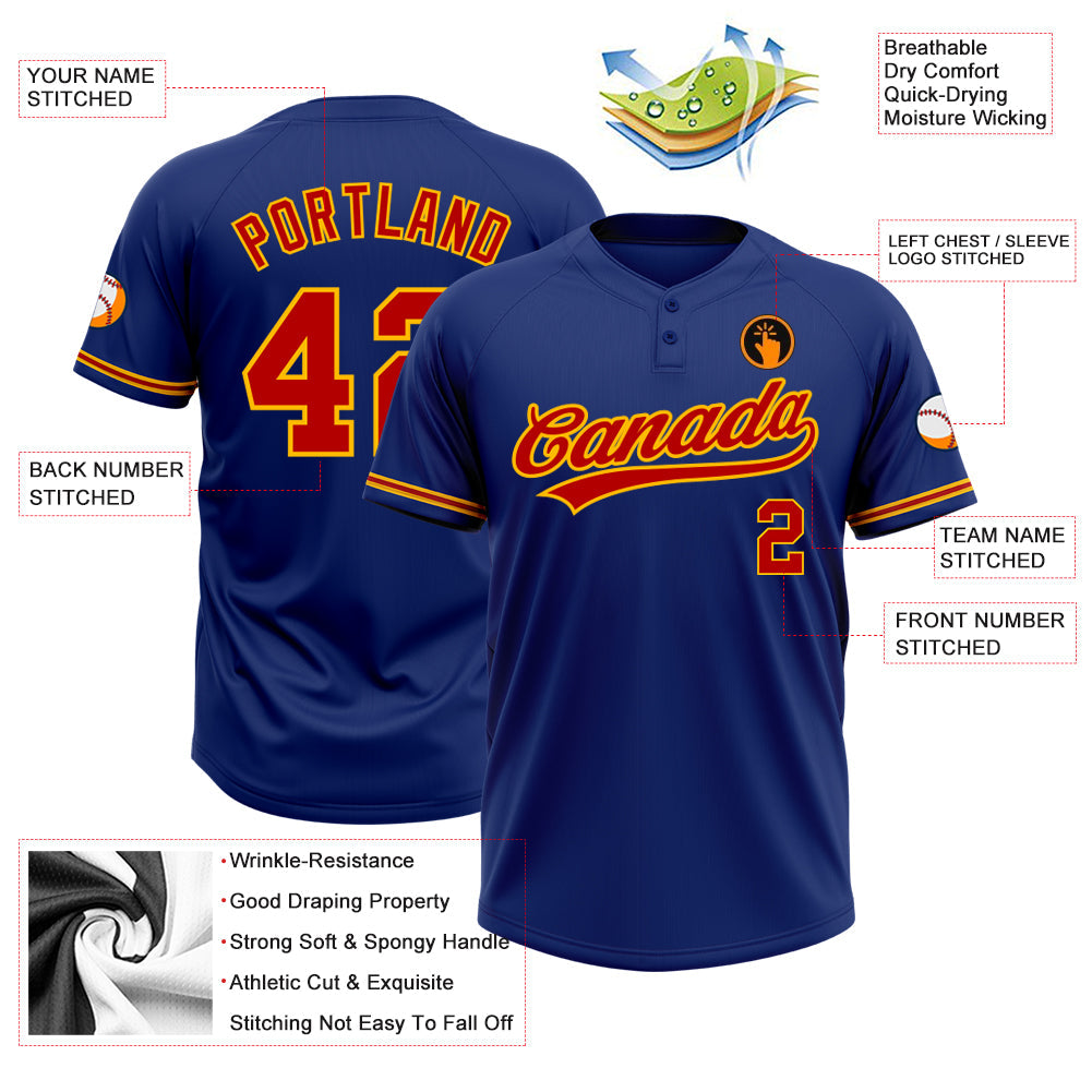 Custom Royal Red-Gold Two-Button Unisex Softball Jersey view 3