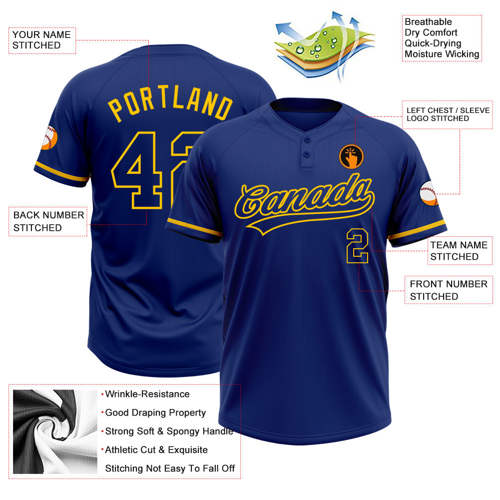 Custom Royal Yellow Two-Button Unisex Softball Jersey view 3