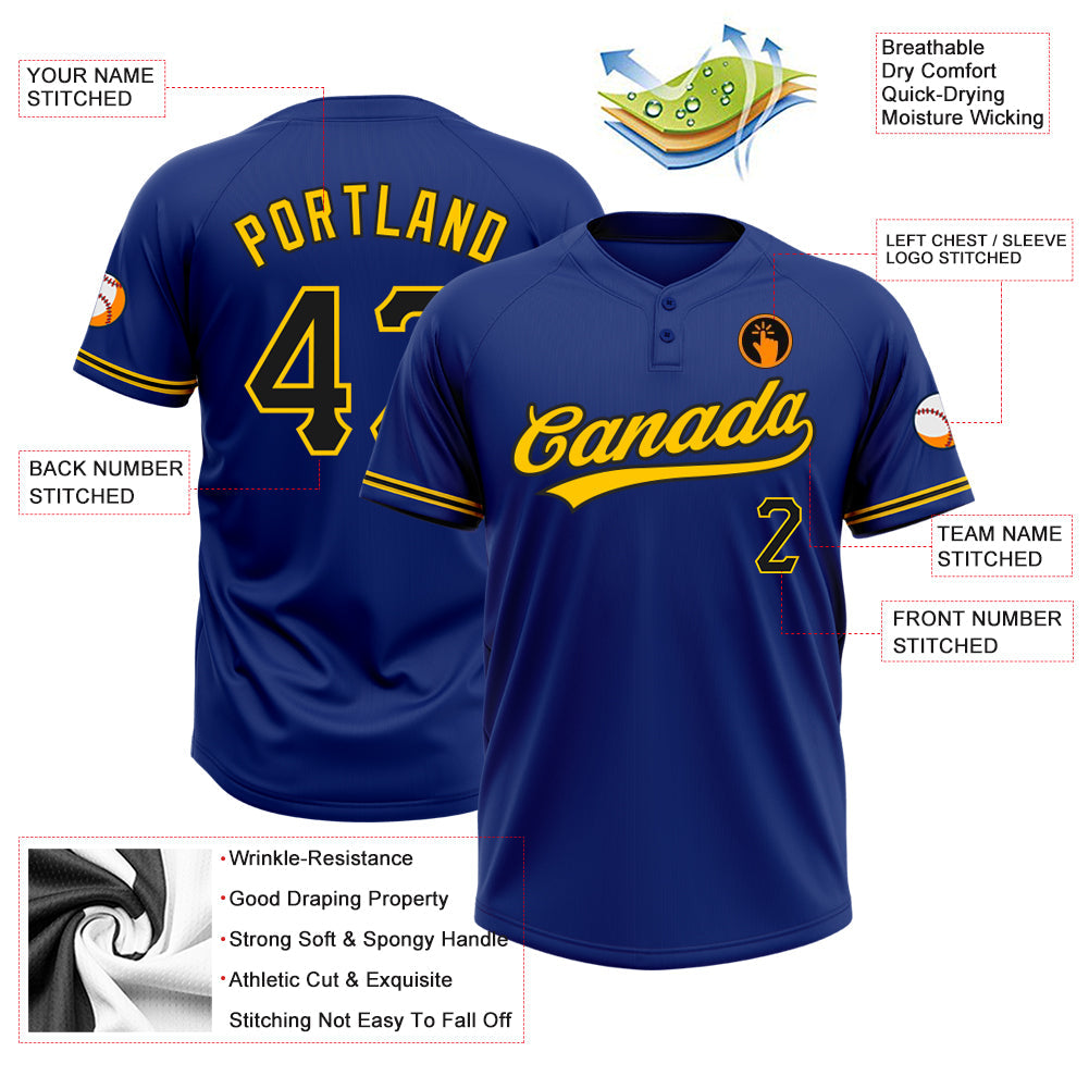 Custom Royal Black-Yellow Two-Button Unisex Softball Jersey view 3