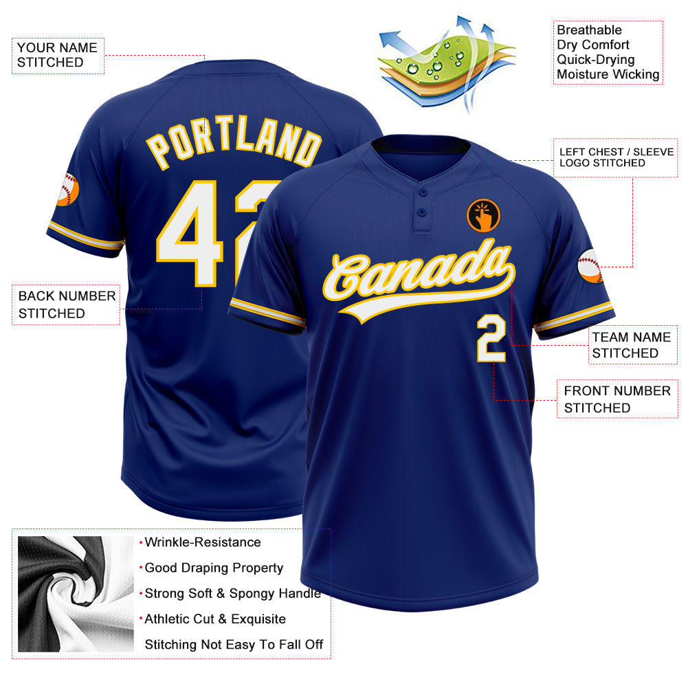 Custom Royal White-Yellow Two-Button Unisex Softball Jersey view 3
