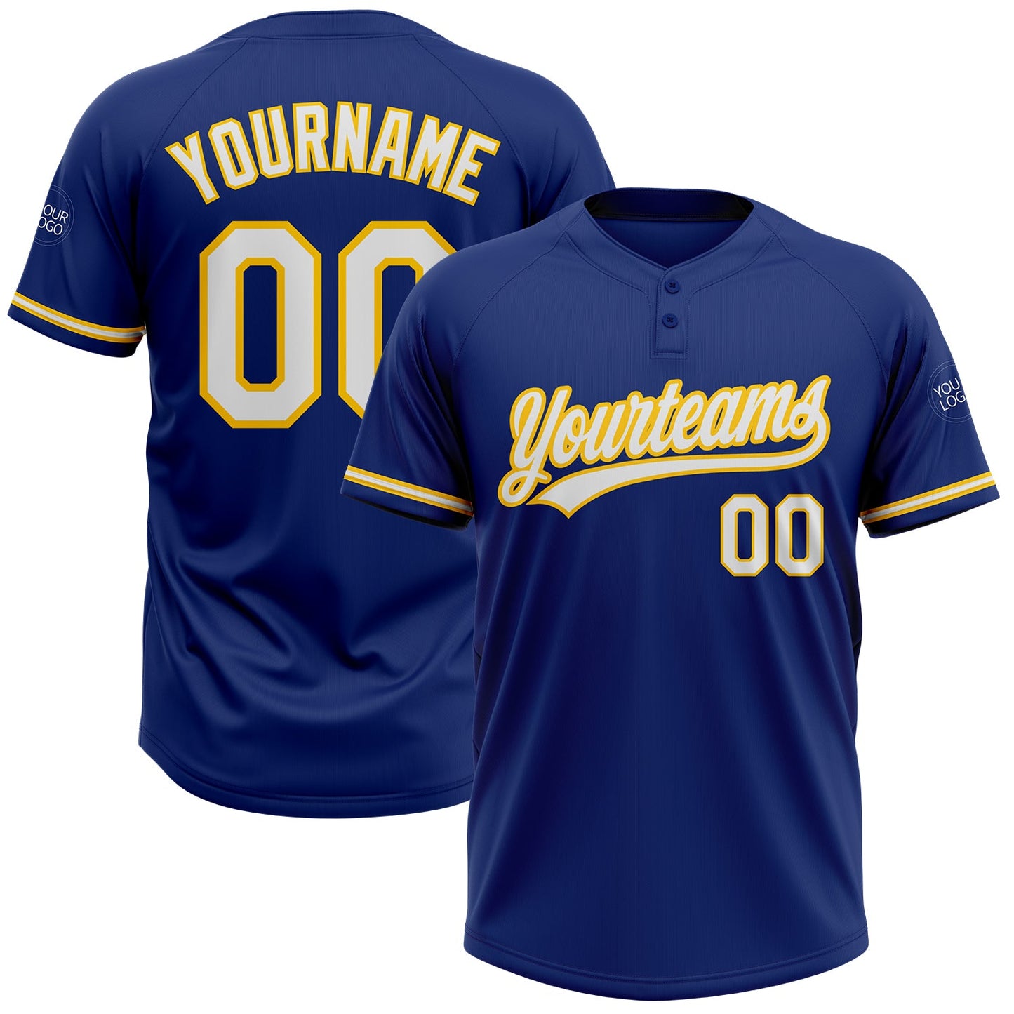 Custom Royal White-Yellow Two-Button Unisex Softball Jersey - Main View