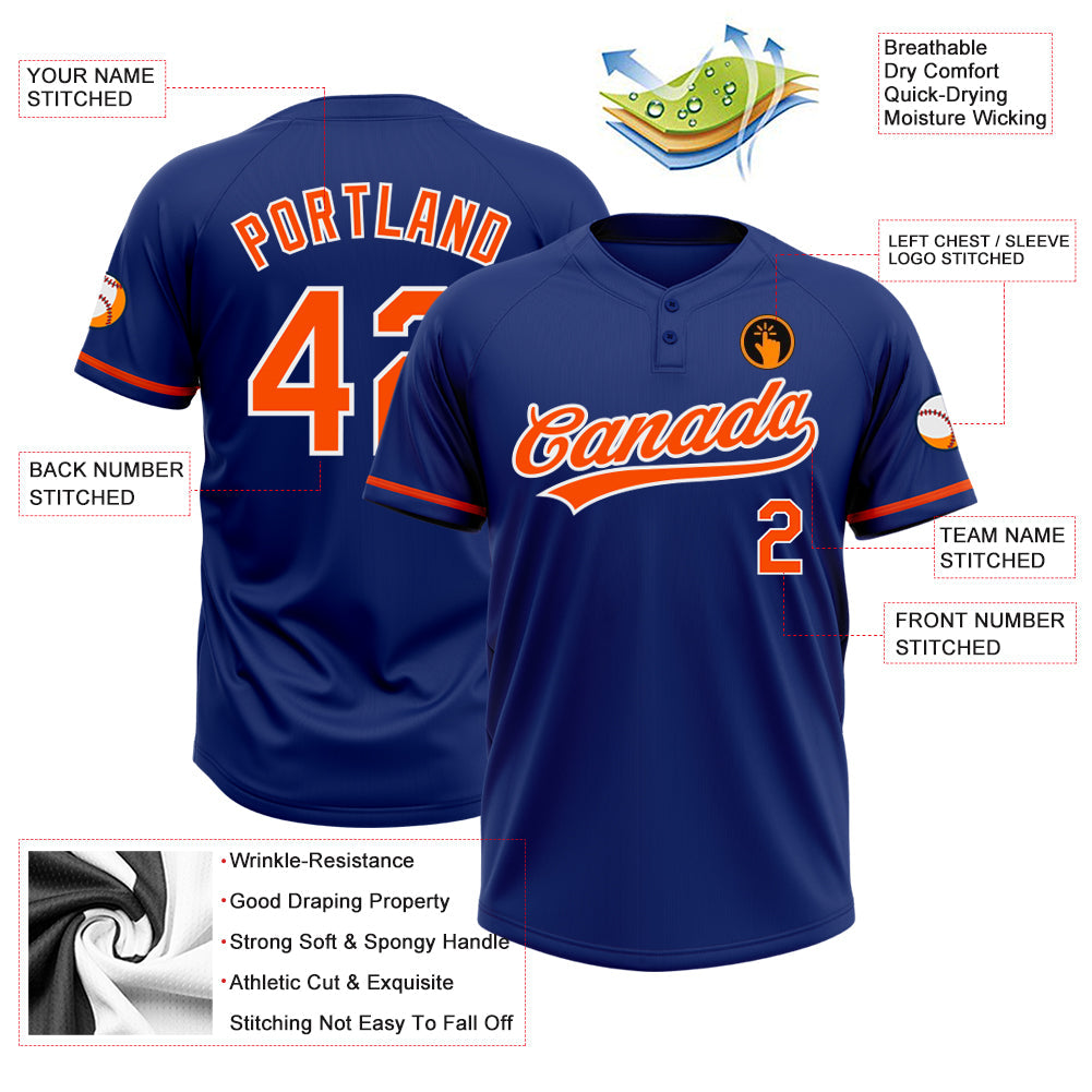 Custom Royal Orange-White Two-Button Unisex Softball Jersey view 3