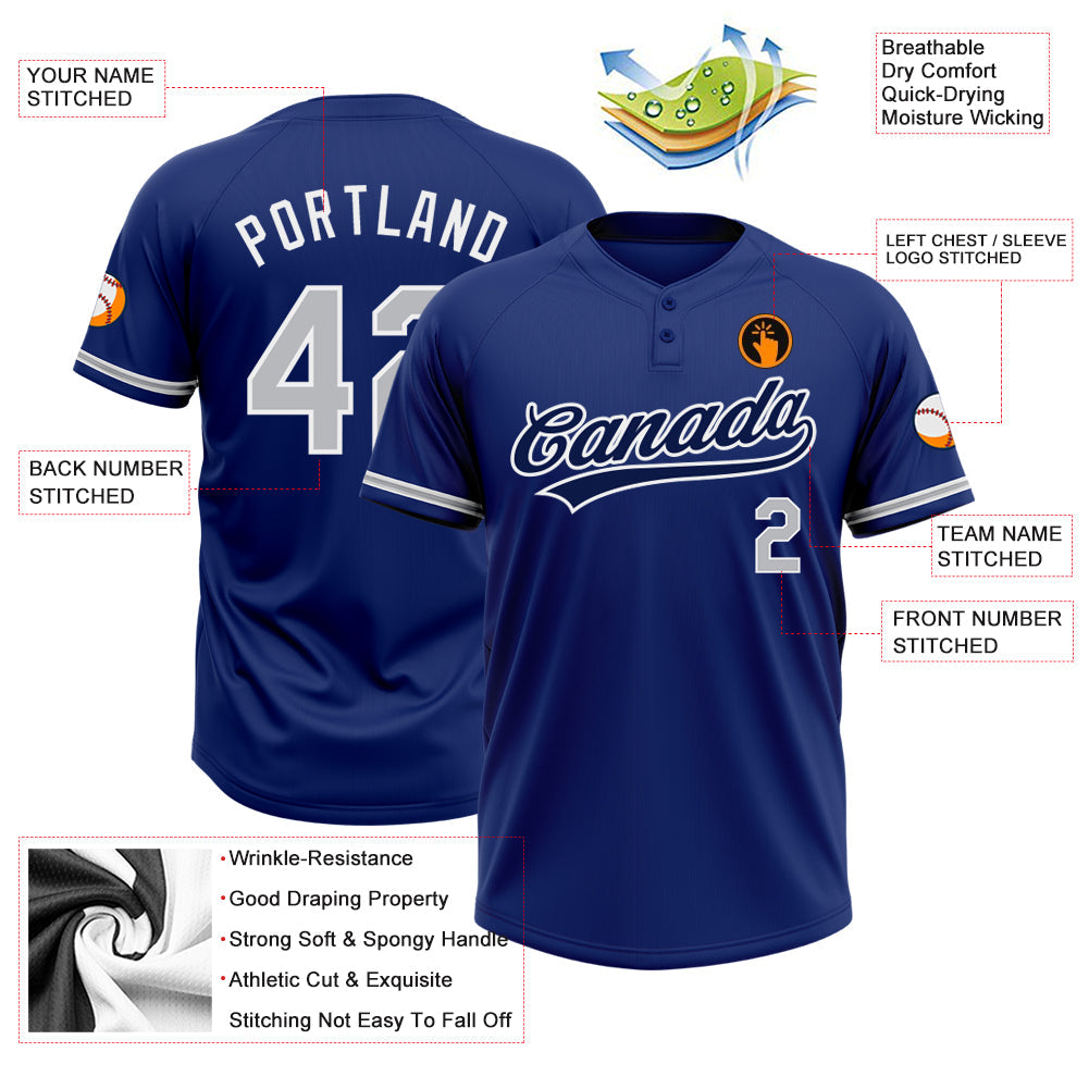 Custom Royal Gray-White Two-Button Unisex Softball Jersey view 3