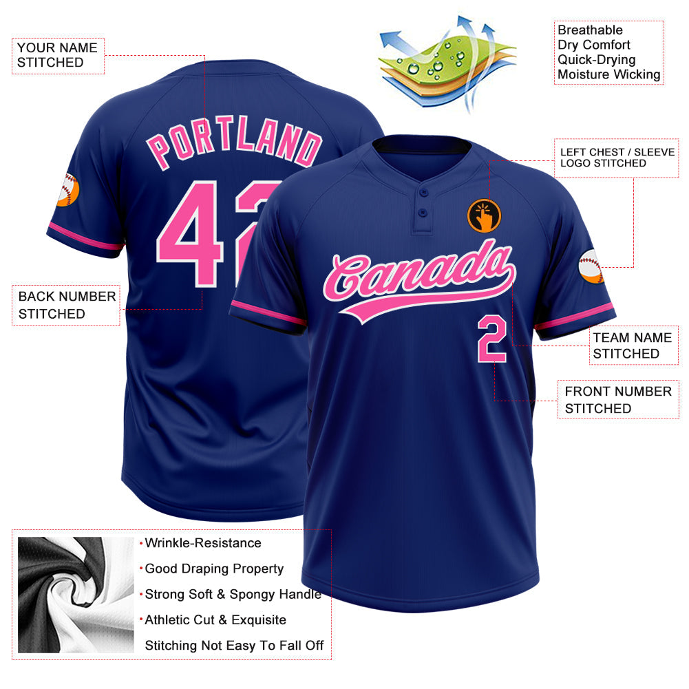 Custom Royal Pink-White Two-Button Unisex Softball Jersey view 3