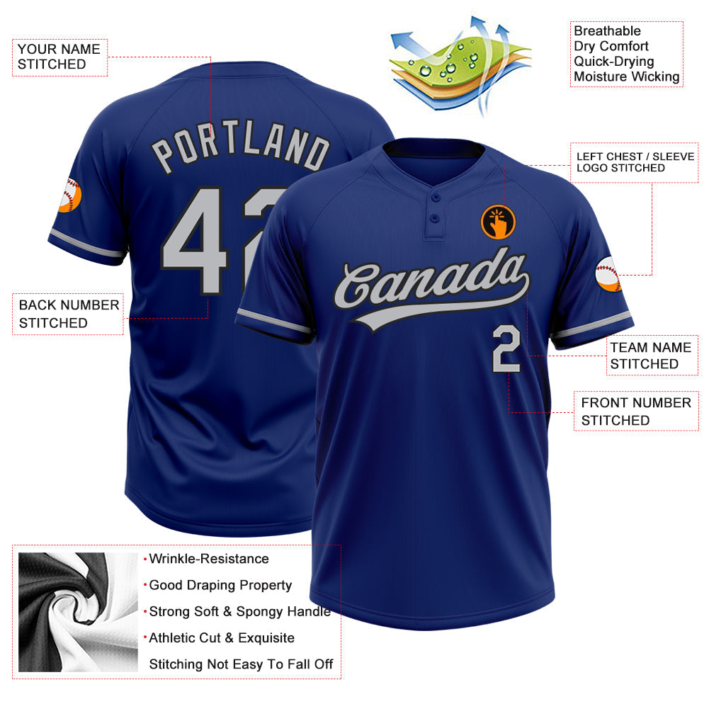 Custom Royal Gray-Black Two-Button Unisex Softball Jersey view 3