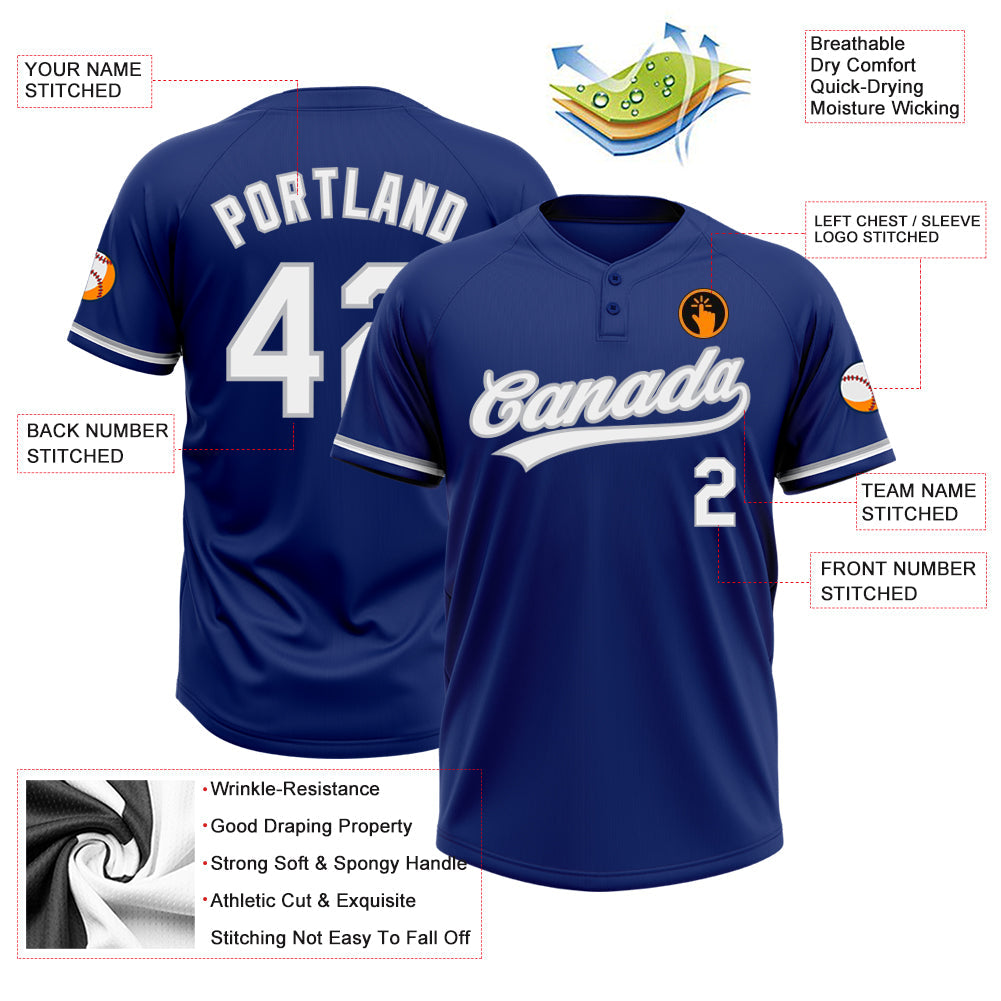 Custom Royal White-Gray Two-Button Unisex Softball Jersey view 3