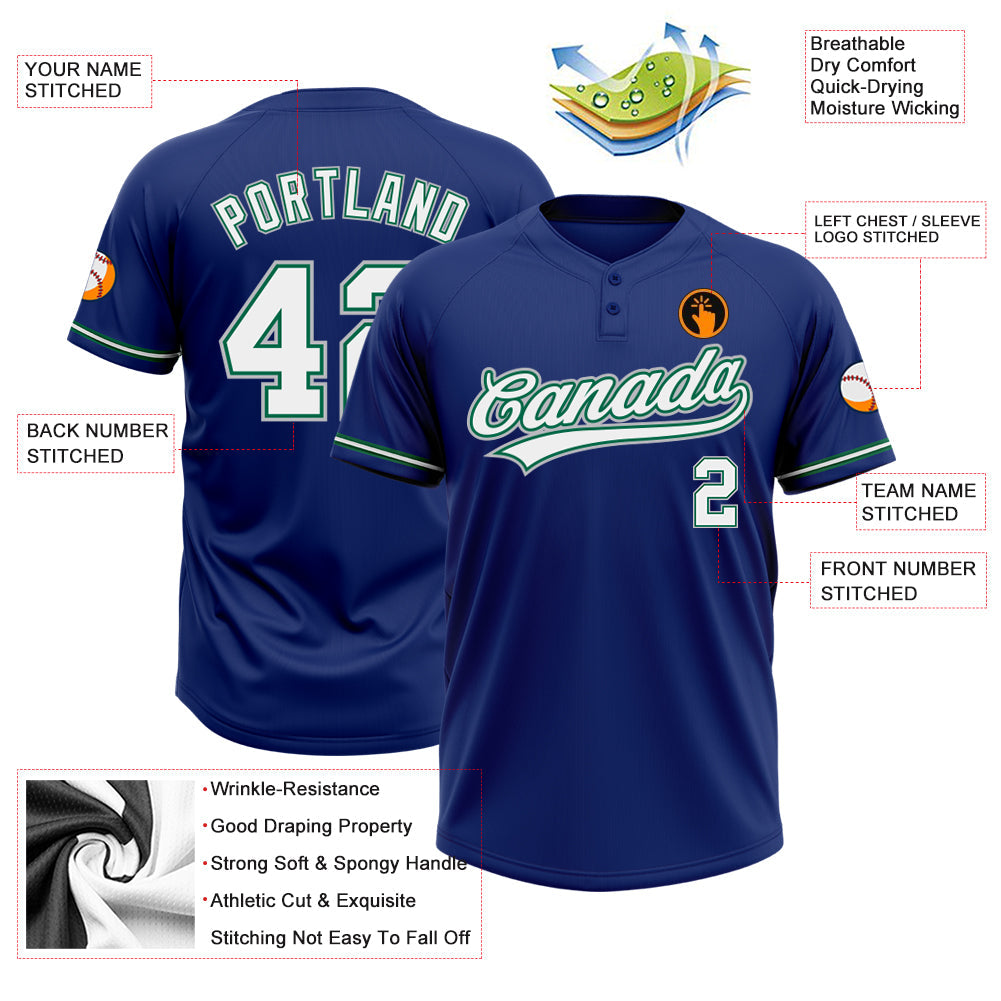 Custom Royal White Kelly Green-Gray Two-Button Unisex Softball Jersey view 3