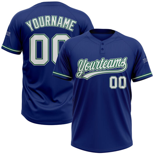 Custom Royal White Kelly Green-Gray Two-Button Unisex Softball Jersey - Main View