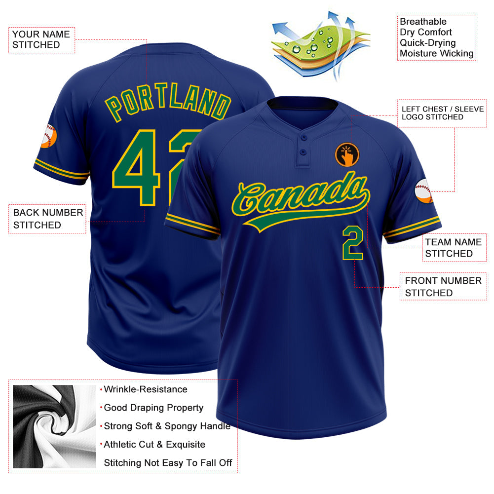 Custom Royal Kelly Green-Yellow Two-Button Unisex Softball Jersey view 3