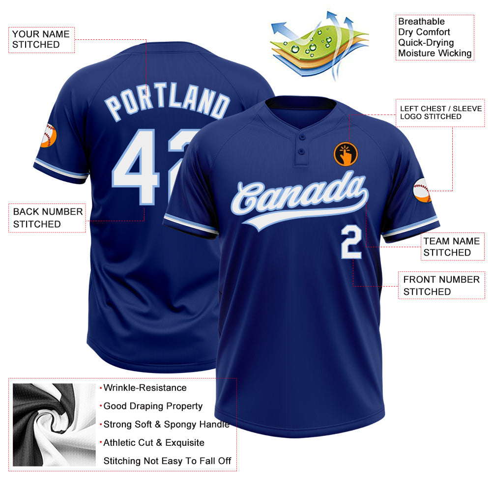 Custom Royal White-Light Blue Two-Button Unisex Softball Jersey view 3