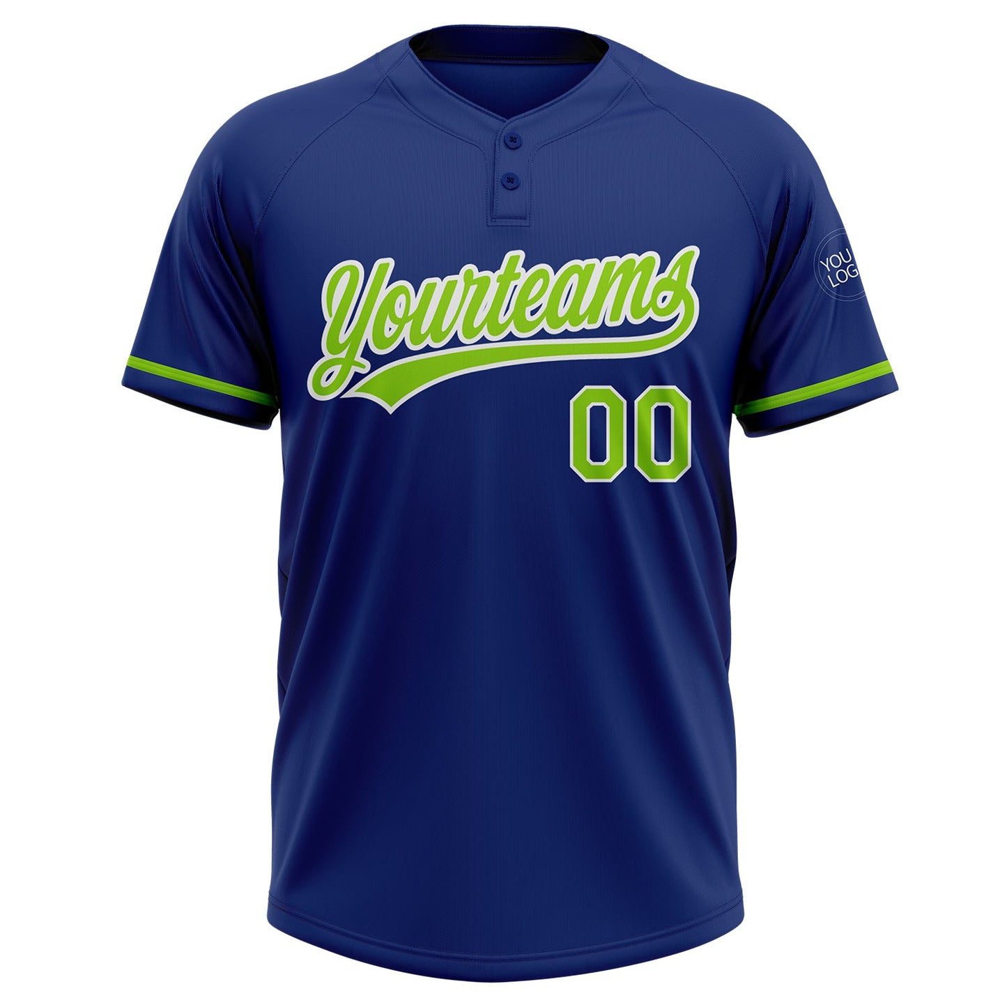 Custom Royal Neon Green-White Two-Button Unisex Softball Jersey view 2