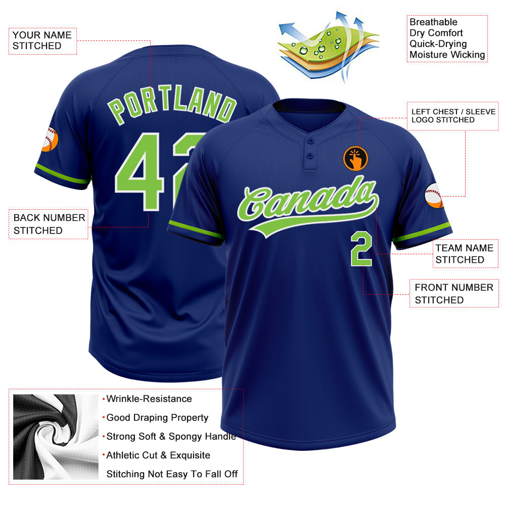 Custom Royal Neon Green-White Two-Button Unisex Softball Jersey view 3