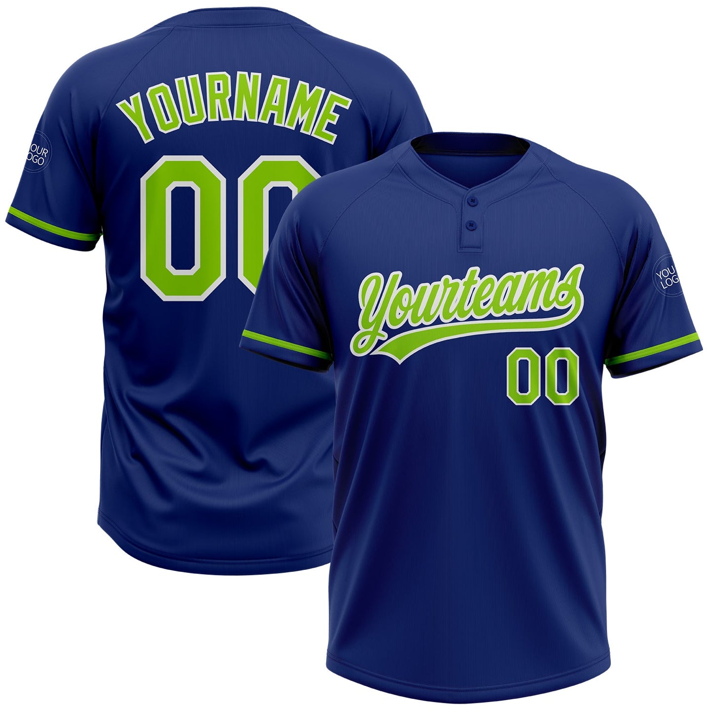 Custom Royal Neon Green-White Two-Button Unisex Softball Jersey - Main View