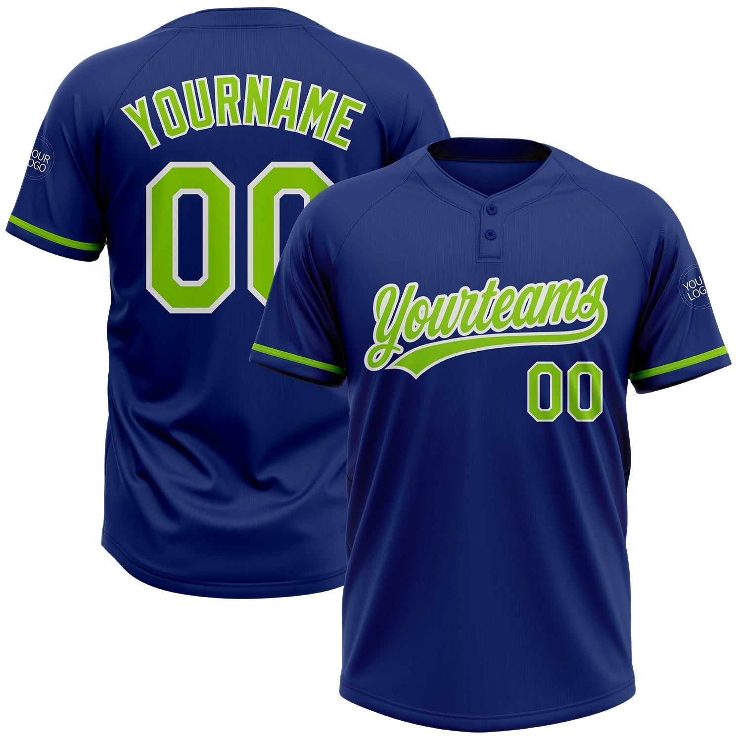 Custom Royal Neon Green-White Two-Button Unisex Softball Jersey - Main View
