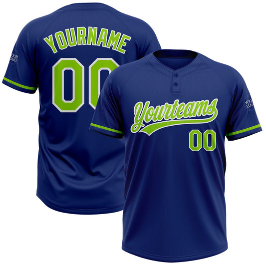 Custom Royal Neon Green-White Two-Button Unisex Softball Jersey - Main View