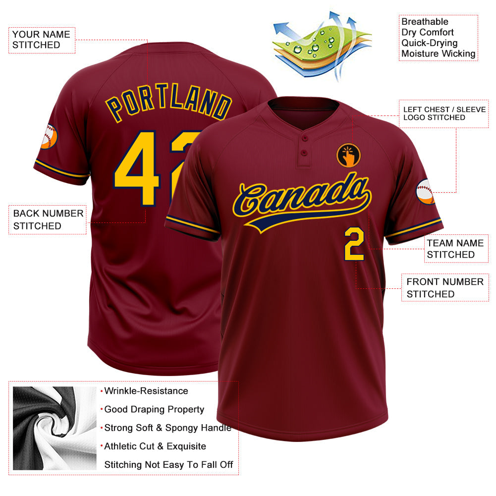 Custom Crimson Yellow-Navy Two-Button Unisex Softball Jersey view 3