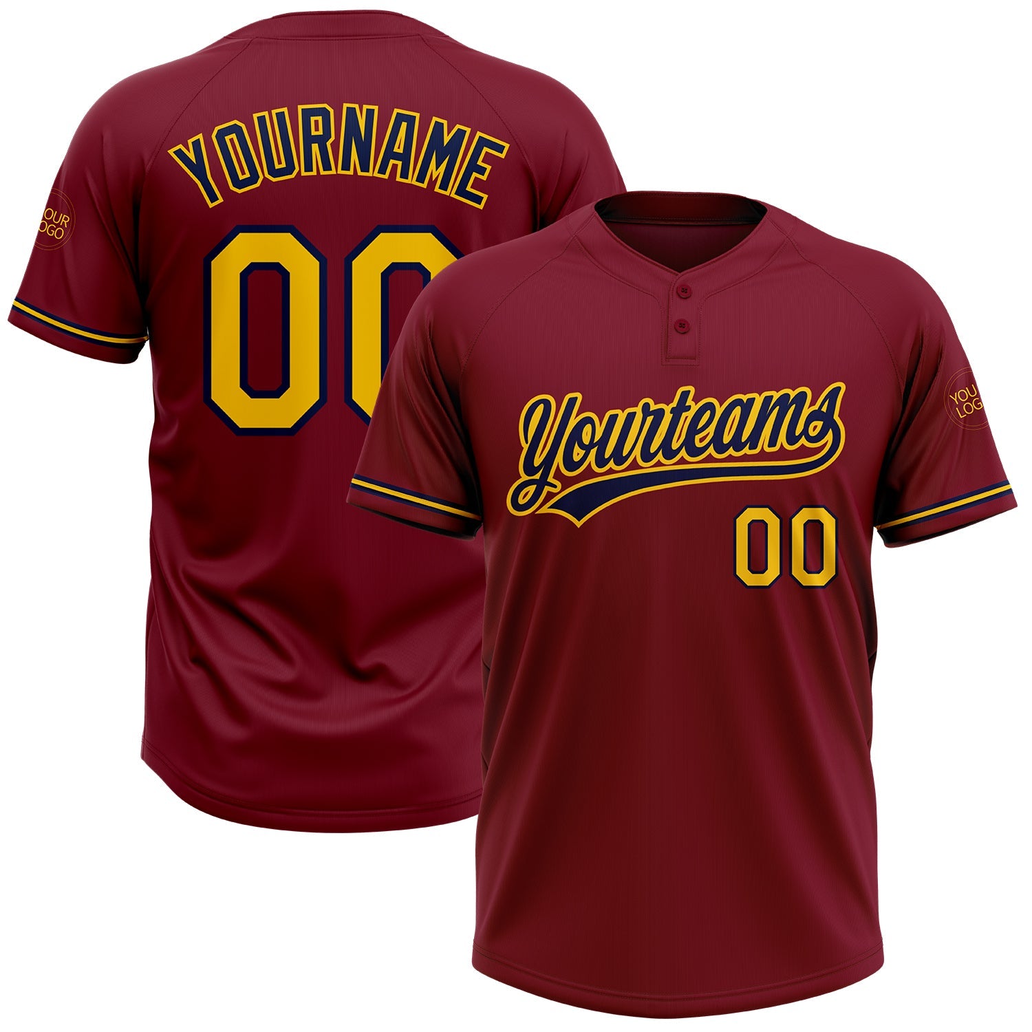 Custom Crimson Yellow-Navy Two-Button Unisex Softball Jersey - Main View