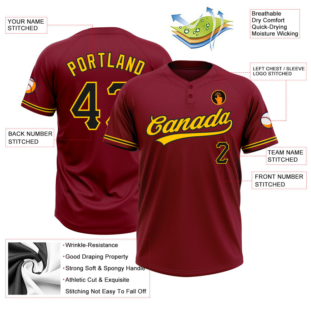 Custom Crimson Black-Yellow Two-Button Unisex Softball Jersey view 3
