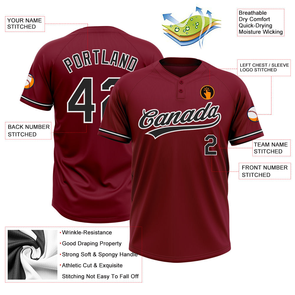Custom Crimson Black-White Two-Button Unisex Softball Jersey view 3