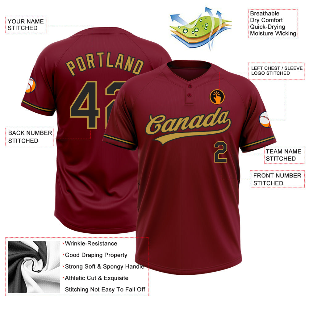 Custom Crimson Black-Old Gold Two-Button Unisex Softball Jersey view 3