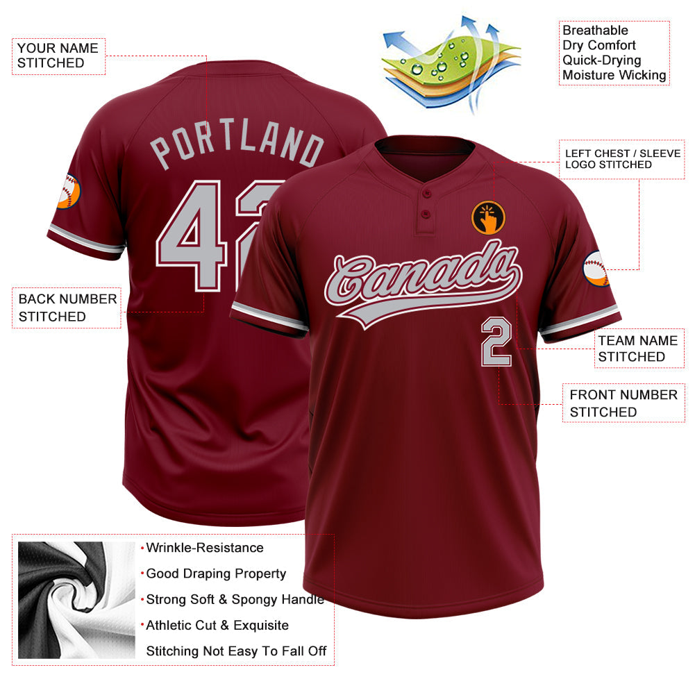 Custom Crimson Gray-White Two-Button Unisex Softball Jersey view 3