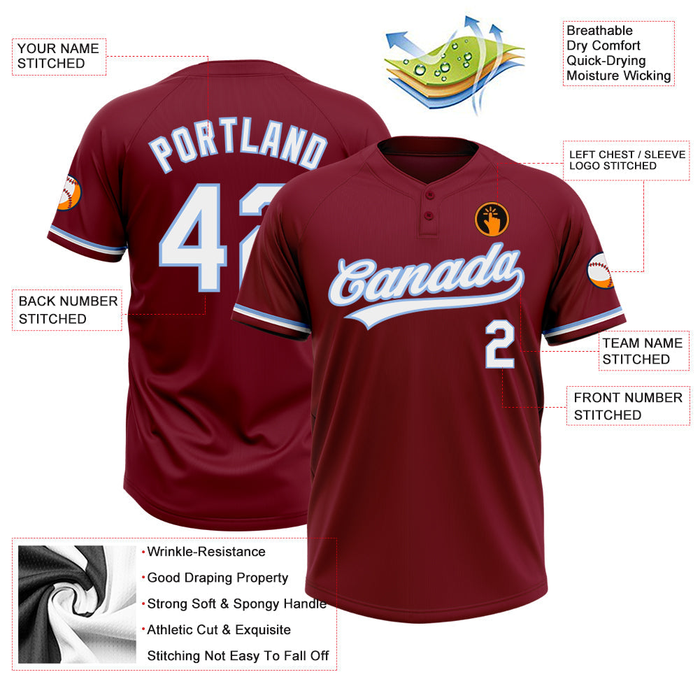 Custom Crimson White-Light Blue Two-Button Unisex Softball Jersey view 3