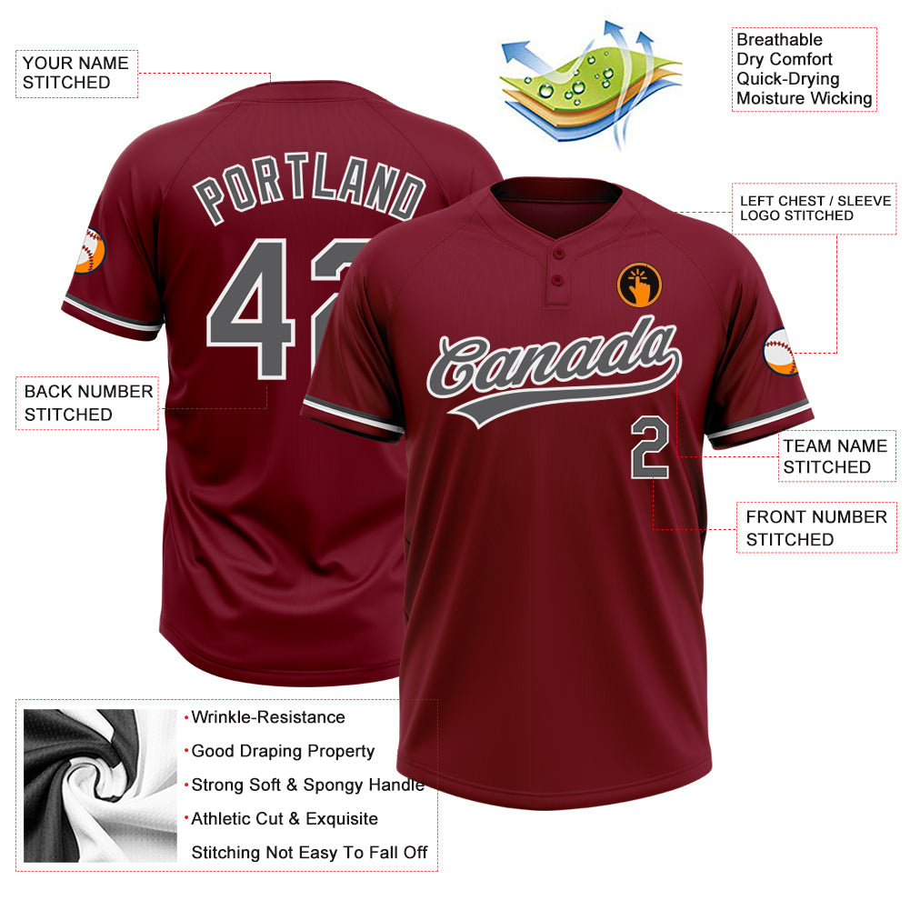 Custom Crimson Steel Gray-White Two-Button Unisex Softball Jersey view 3
