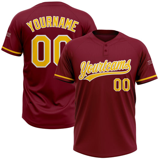 Custom Crimson Yellow-White Two-Button Unisex Softball Jersey - Main View