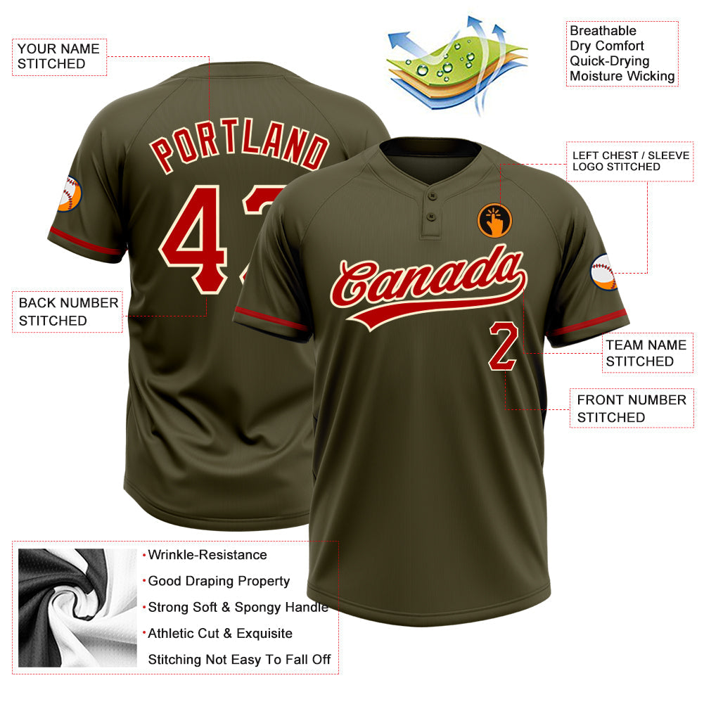 Custom Olive Red-Cream Salute To Service Two-Button Unisex Softball Jersey view 3