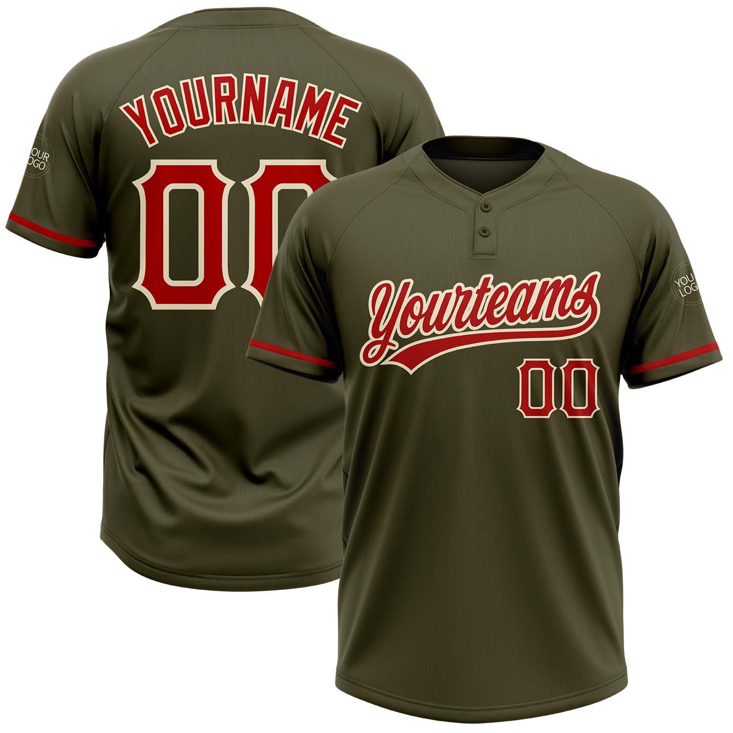 Custom Olive Red-Cream Salute To Service Two-Button Unisex Softball Jersey - Main View