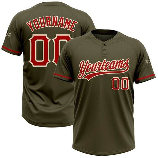Custom Olive Red-Cream Salute To Service Two-Button Unisex Softball Jersey - Main View