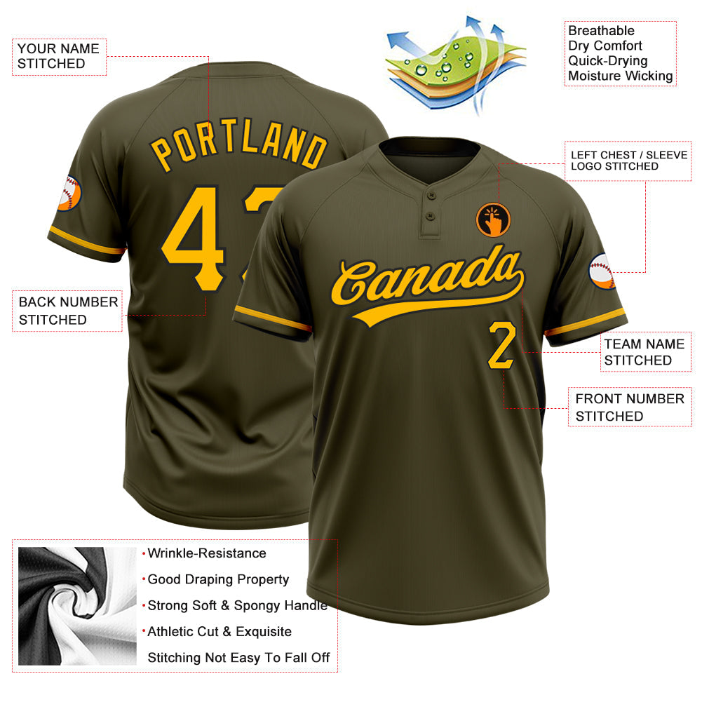 Custom Olive Gold-Black Salute To Service Two-Button Unisex Softball Jersey view 3