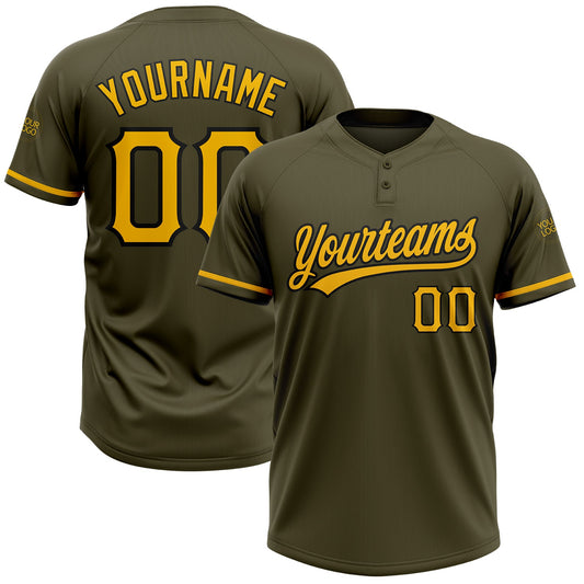 Custom Olive Gold-Black Salute To Service Two-Button Unisex Softball Jersey - Main View