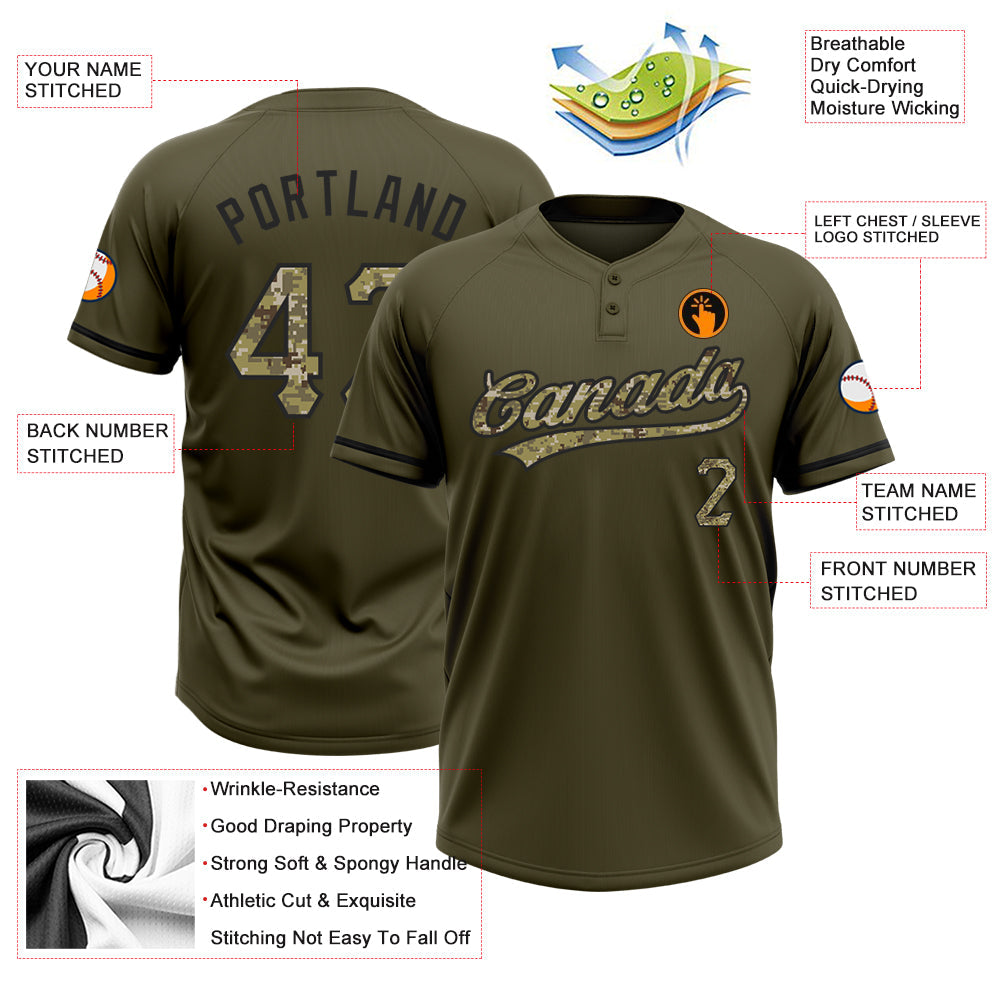 Custom Olive Camo-Black Salute To Service Two-Button Unisex Softball Jersey view 3