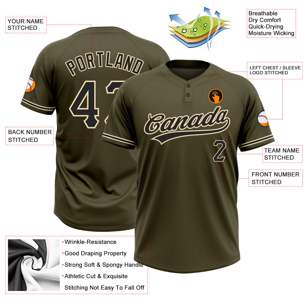 Custom Olive Black-City Cream Salute To Service Two-Button Unisex Softball Jersey view 3