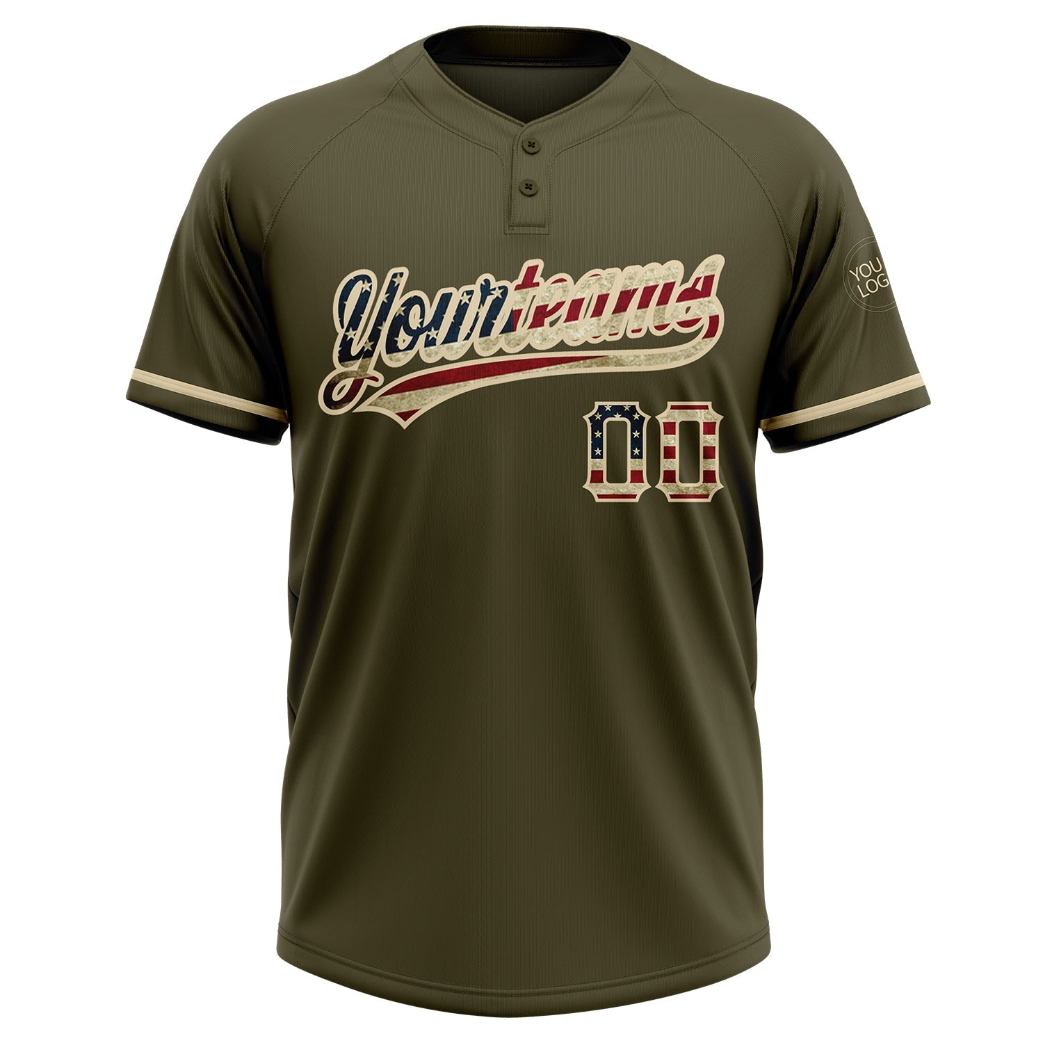 Custom Olive Vintage USA Flag-City Cream Salute To Service Two-Button Unisex Softball Jersey view 3