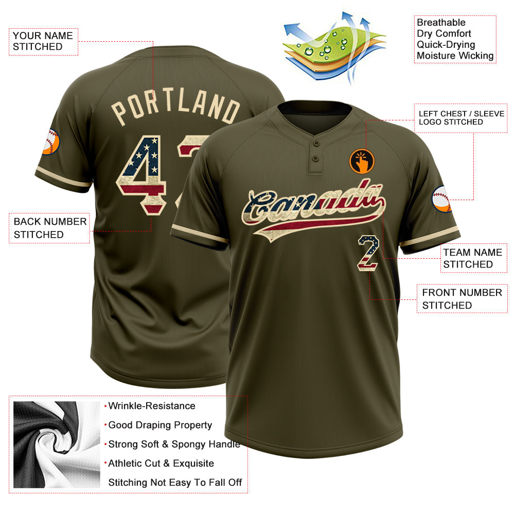 Custom Olive Vintage USA Flag-City Cream Salute To Service Two-Button Unisex Softball Jersey view 4