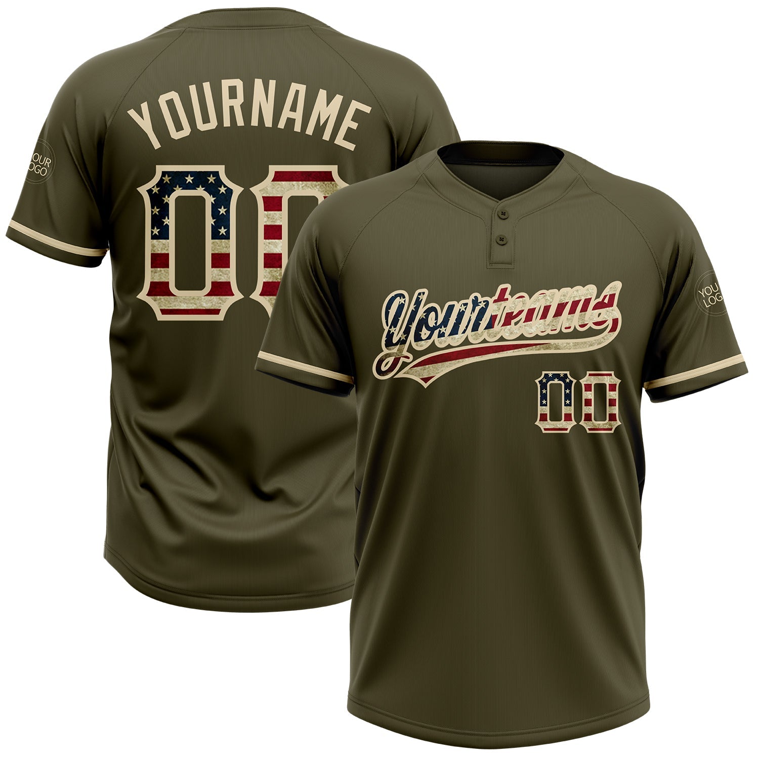 Custom Olive Vintage USA Flag-City Cream Salute To Service Two-Button Unisex Softball Jersey - Main View