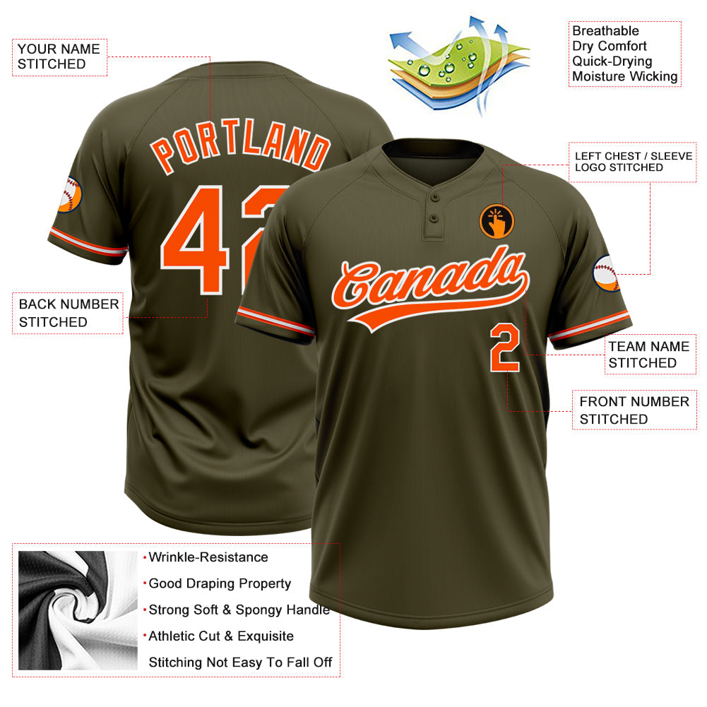 Custom Olive Orange-White Salute To Service Two-Button Unisex Softball Jersey view 3